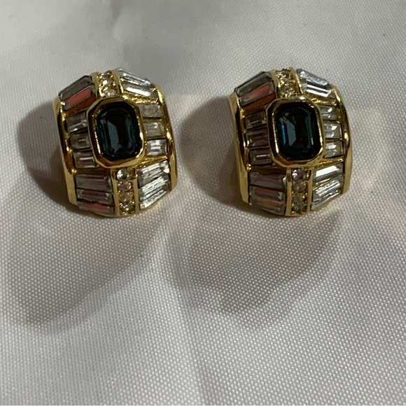 CHRISTIAN DIOR 14k gold plated Austrian crystal clear baguette blue emerald cut - Picture 13 of 16